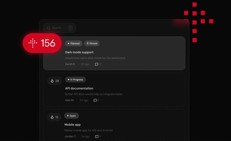 A feedback board with upvote counts, statuses and comments
