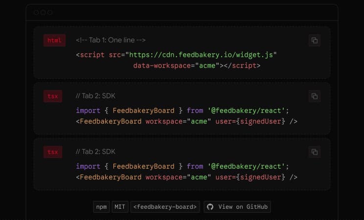 Code samples showing the embed script tag and the React SDK