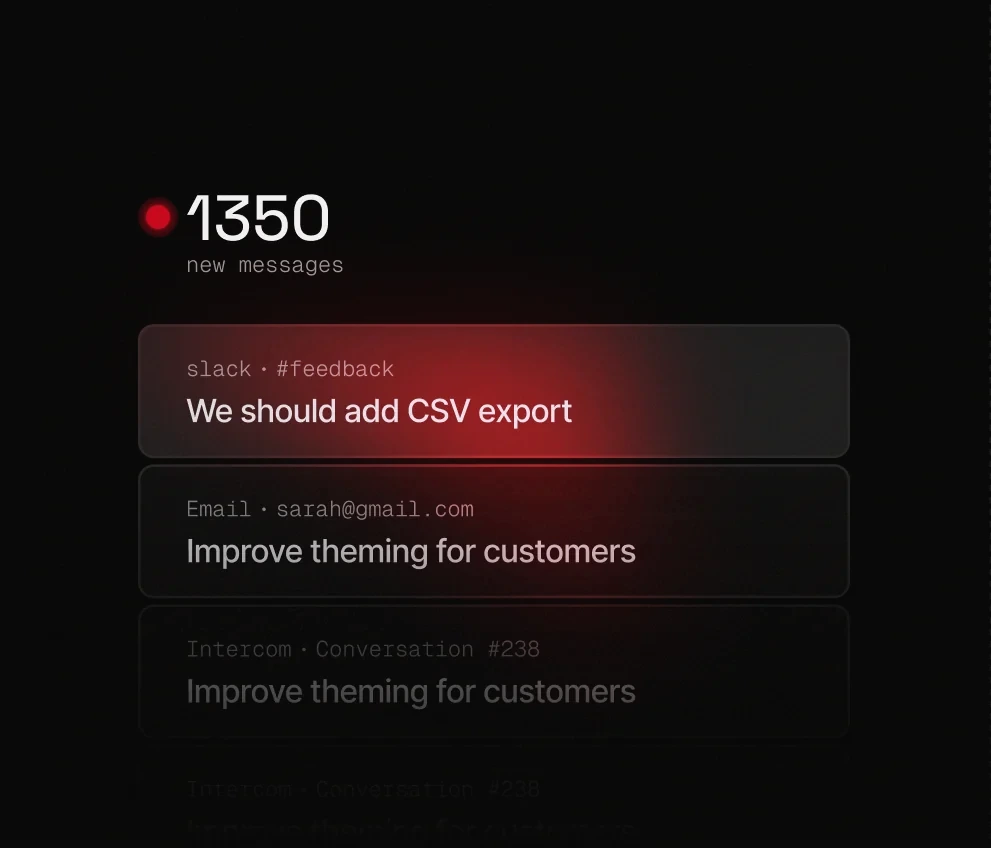 1350 unread feedback messages stacked from Slack, email and Intercom